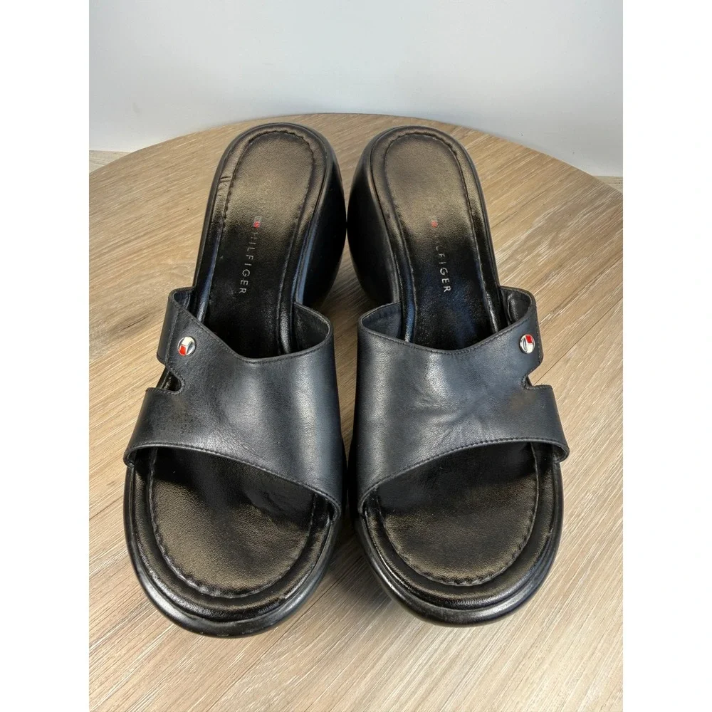 Tommy Hilfiger Women 8.5 Wedge Slide Sandals Black Leather Platform Y2K 90s Chic